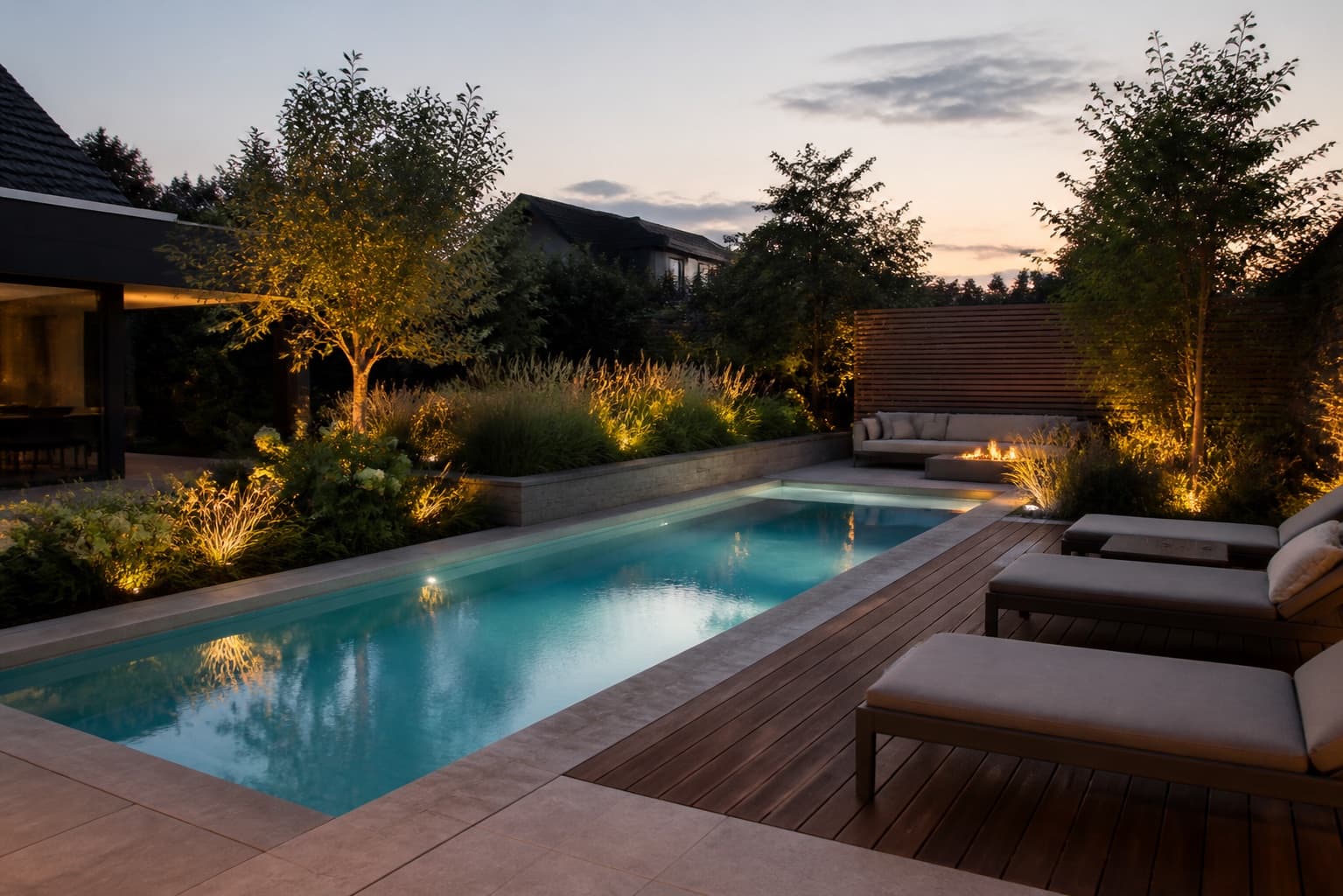 Poolbereich in Düsseldorf mit Holzdeck, Gräsern, Lounge und Sichtschutz
